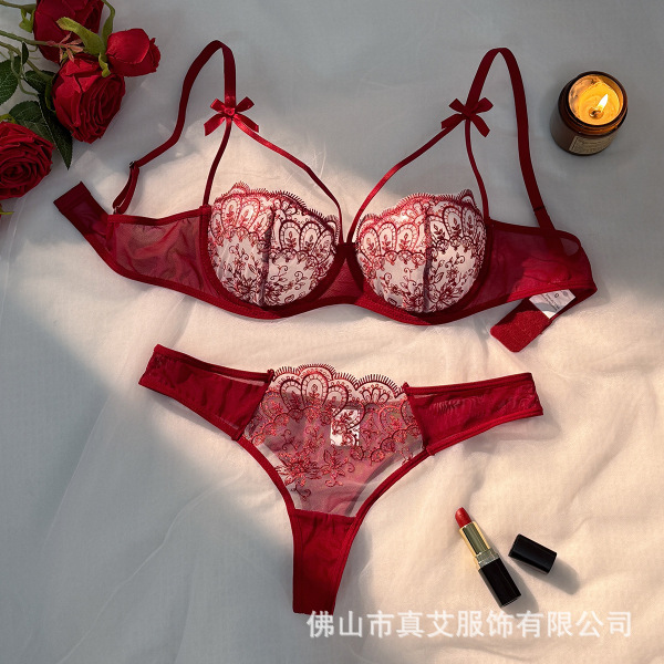 Pure & Alluring Sheer Lace Bra Set with Underwire – Lightweight Sensual Lingerie for Small Busts - Wine Red