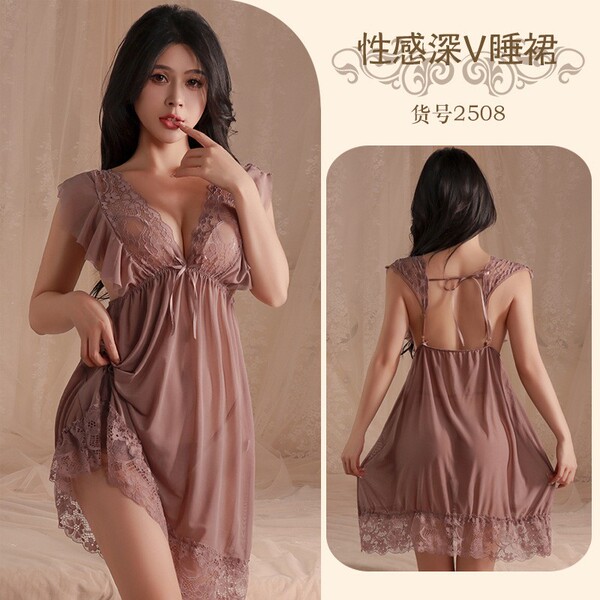 Sexy Lace Deep V Babydoll Nightgown - Flirty Sheer Mesh Sleepwear with Bow Detail for Small Bust Enhancement - 2508 Red Bean Paste