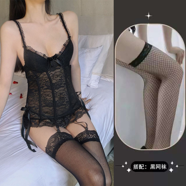 Seductive Lace Lingerie Set for Small Bust - No-Remove Bedroom Sleepwear & Tempting Mesh Vest Outfit - Black + Black Fishnet Stockings