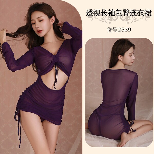 Sexy Lace Deep V Babydoll Nightgown - Flirty Sheer Mesh Sleepwear with Bow Detail for Small Bust Enhancement - 2539 Purple