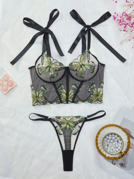 Sensual Lace Sheer Lingerie Set - Sexy Embroidered Transparent Intimate Outfit for Women - black