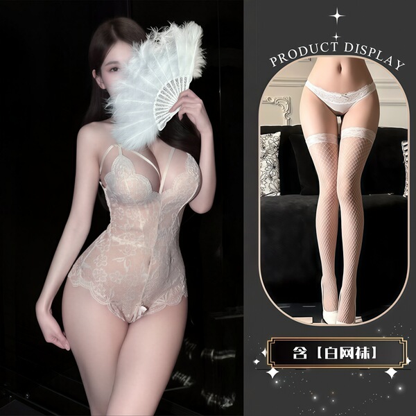 QQNY Pure Allure Lace Sleepwear Set – Elegant Sensual Women's Intimate Nightwear, Premium Soft Fabric - White + white fishnet stockings