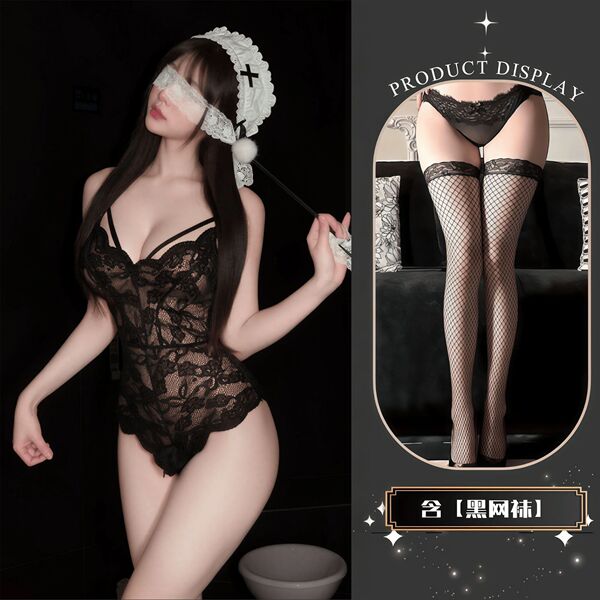 QQNY Pure Allure Lace Sleepwear Set – Elegant Sensual Women's Intimate Nightwear, Premium Soft Fabric - Black + Black Fishnet Stockings
