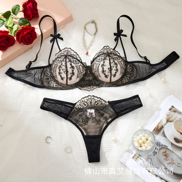 French Sheer Lace Lingerie Set – Sexy Pure-Delight Bra & Thong Collection, Elegant Sensual Underwear - black