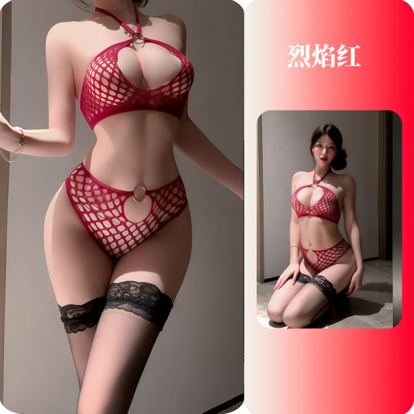 YueDie Seductive Lingerie Set - OL Style Pure & Tempting Bodycon Dress with Lace Stockings - 2609 Fiery Red ◆ Enchanting Online Image ◆ [Bra + Panties Set]
