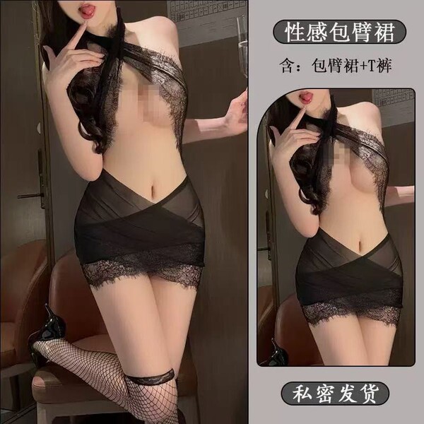 Mannyqing Lace Necktie Lingerie Set - Sheer Cross-Back Sensual Bra & Panty Set, Pure Temptation Erotic Outfit - black