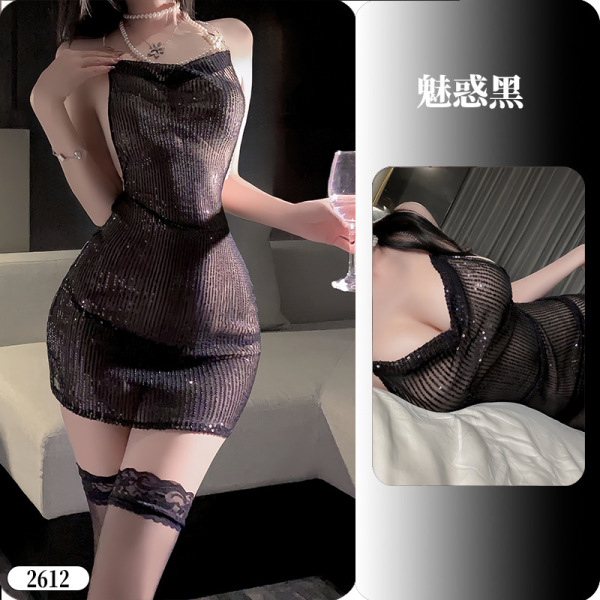 YueDie Seductive Lingerie Set - OL Style Pure & Tempting Bodycon Dress with Lace Stockings - 2612 Alluring Black ◆ Night Banquet Glitter ◆ [Pajama Item]