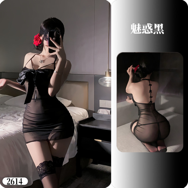 YueDie Seductive Lingerie Set - OL Style Pure & Tempting Bodycon Dress with Lace Stockings - 2614 Alluring Black ◆ Dark Night Butterfly Kiss ◆ [Pajama Item]