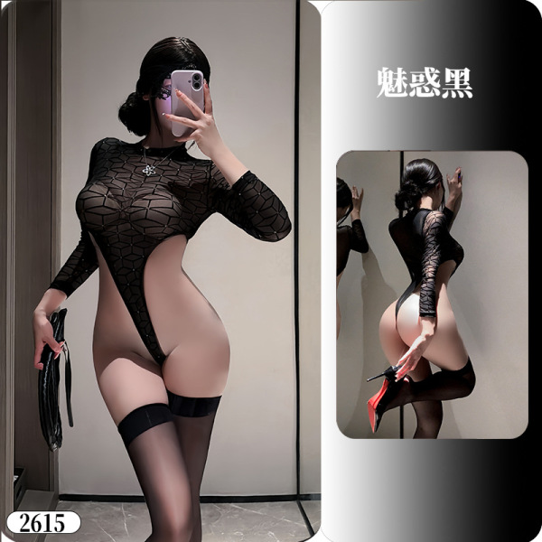 YueDie Seductive Lingerie Set - OL Style Pure & Tempting Bodycon Dress with Lace Stockings - 2615 Alluring Black ◆ Night Glam Mesh ◆ [Onesie Item]