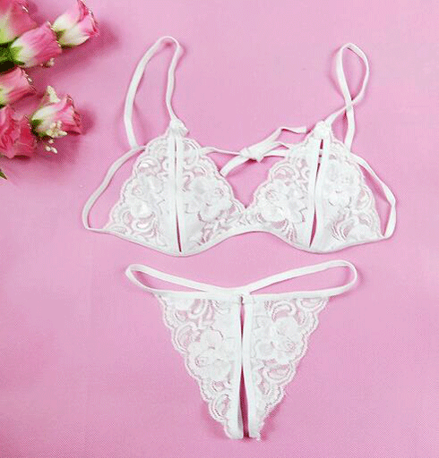 Qingran Lace Thong Bra Set - Sheer Open-Crotch Erotic Lingerie Two-Piece Outfit for Women - White