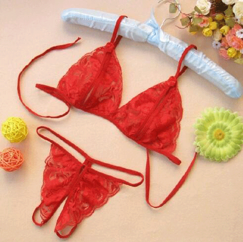 Qingran Lace Thong Bra Set - Sheer Open-Crotch Erotic Lingerie Two-Piece Outfit for Women - red