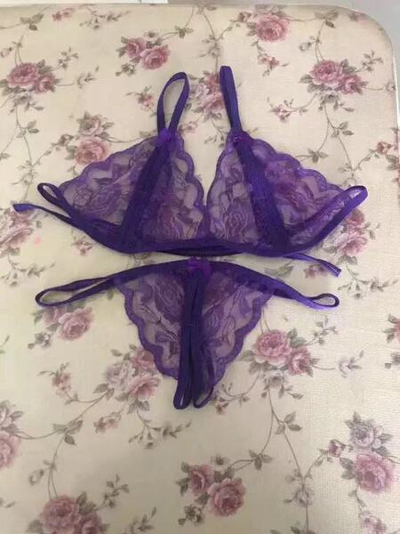 Qingran Lace Thong Bra Set - Sheer Open-Crotch Erotic Lingerie Two-Piece Outfit for Women - Purple