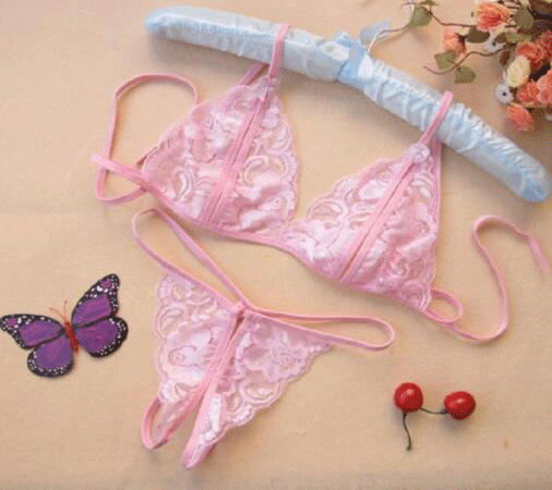 Qingran Lace Thong Bra Set - Sheer Open-Crotch Erotic Lingerie Two-Piece Outfit for Women - pink