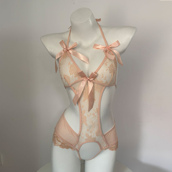 Sexy Lace Deep V Babydoll Nightgown - Flirty Sheer Mesh Sleepwear with Bow Detail for Small Bust Enhancement - 2636 Apricot