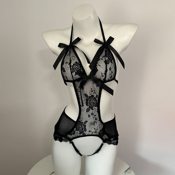 Sexy Lace Deep V Babydoll Nightgown - Flirty Sheer Mesh Sleepwear with Bow Detail for Small Bust Enhancement - 2636 Black