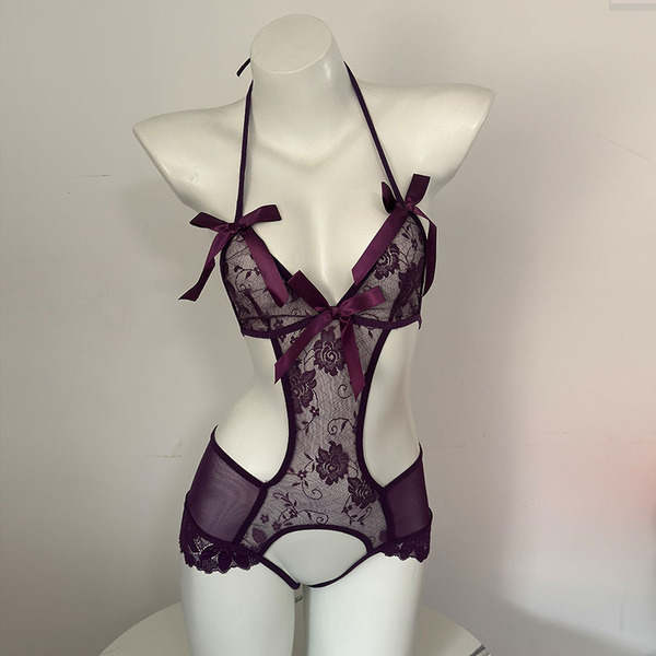 Sexy Lace Deep V Babydoll Nightgown - Flirty Sheer Mesh Sleepwear with Bow Detail for Small Bust Enhancement - 2636 Purple