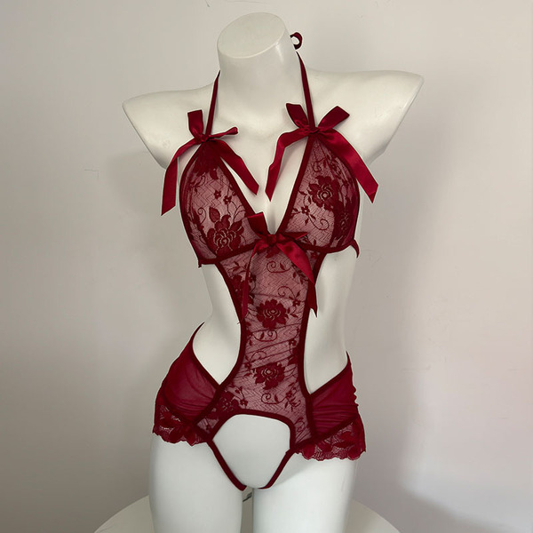 Sexy Lace Deep V Babydoll Nightgown - Flirty Sheer Mesh Sleepwear with Bow Detail for Small Bust Enhancement - 2636 Red