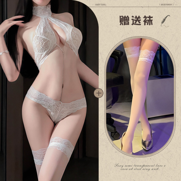 Qingran Sexy Lace Bodysuit with Detachable Rhinestones - Hook-Neck Erotic Lingerie for Women - White + white stockings
