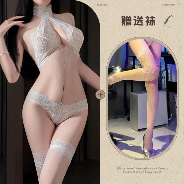 Qingran Sexy Lace Bodysuit with Detachable Rhinestones - Hook-Neck Erotic Lingerie for Women - White + white fishnet stockings