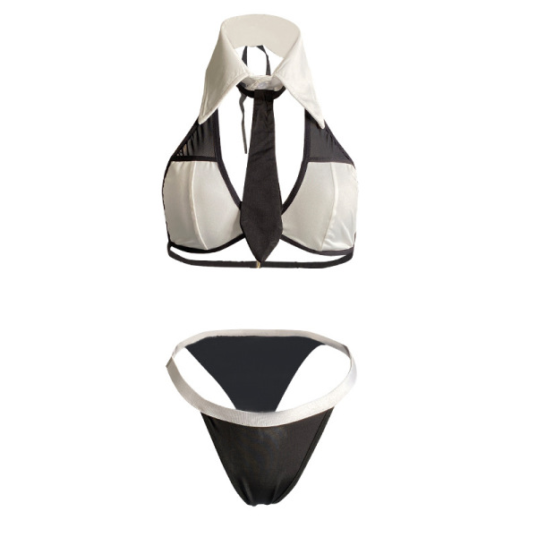 Black and white thong bra set with tie neck design, pure and tempting lingerie for sensual bedroom moments.