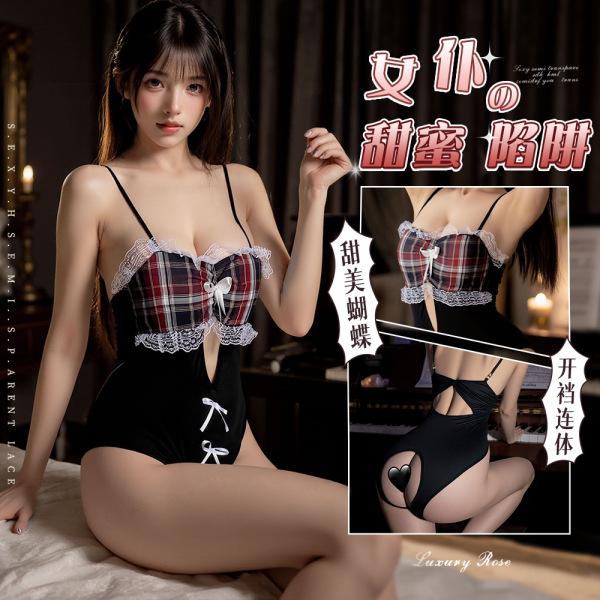 Woman modeling black plaid lace lingerie set with bow details, featuring a seductive maid-style bra and ultra-short skirt out...