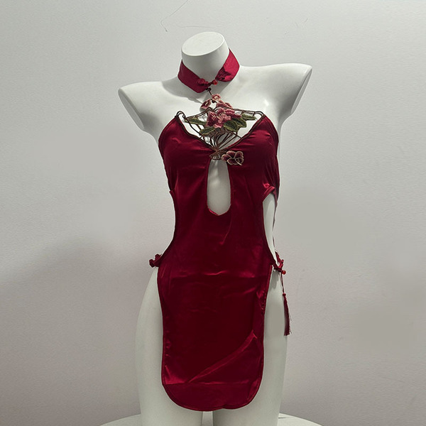 Sexy Lace Deep V Babydoll Nightgown - Flirty Sheer Mesh Sleepwear with Bow Detail for Small Bust Enhancement - 2719 Red