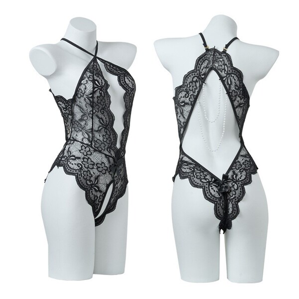 Qingran Sexy Lingerie Bodysuit with Open-Crotch Design - Student Uniform Style Air Hostess Outfit - 275 Black
