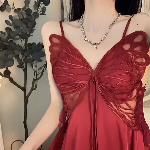 Women's Summer Ice Silk Sleep Dress with Bow & Backless Cutout - Sexy Lounge Set - Claret