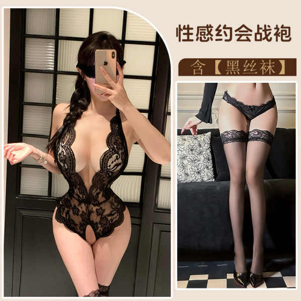 Seductive Lace Lingerie Set - Sexy Sheer Sleepwear with Removable Cups & Garter Stockings for Women - Black + black stockings
