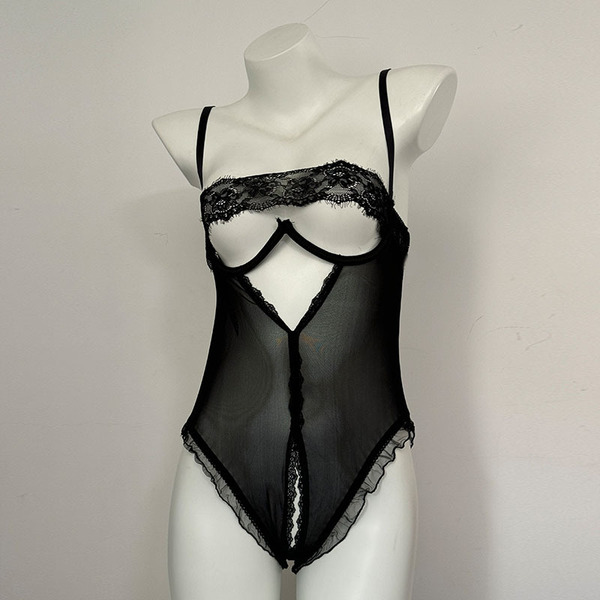 Sexy Lace Deep V Babydoll Nightgown - Flirty Sheer Mesh Sleepwear with Bow Detail for Small Bust Enhancement - 2781 Black