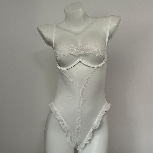 Sexy Lace Deep V Babydoll Nightgown - Flirty Sheer Mesh Sleepwear with Bow Detail for Small Bust Enhancement - 2781 White