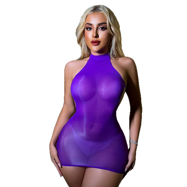 Woman wearing shiny purple sheer bodysuit dress for intimate play.