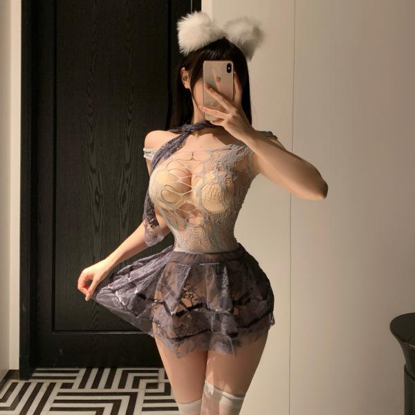 Woman modeling mist temptation lingerie set – sheer mesh sleepwear with cat ears, sensual and alluring design.