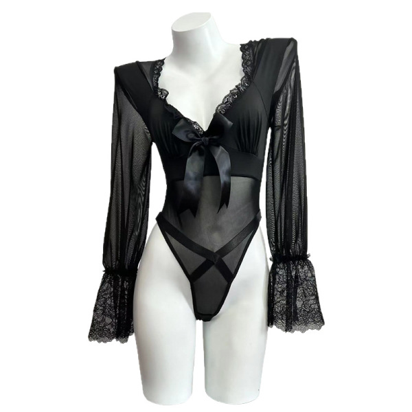 Sheer black bodysuit with lace trim, long sleeves, and bow front. breathable sexy lingerie set for women.
