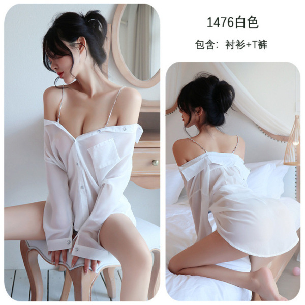 NightSigh Sexy Sheer Lingerie Set – Pure & Tempting Snowflake-Style Off-Shoulder Chemise Nightgown for Women - White