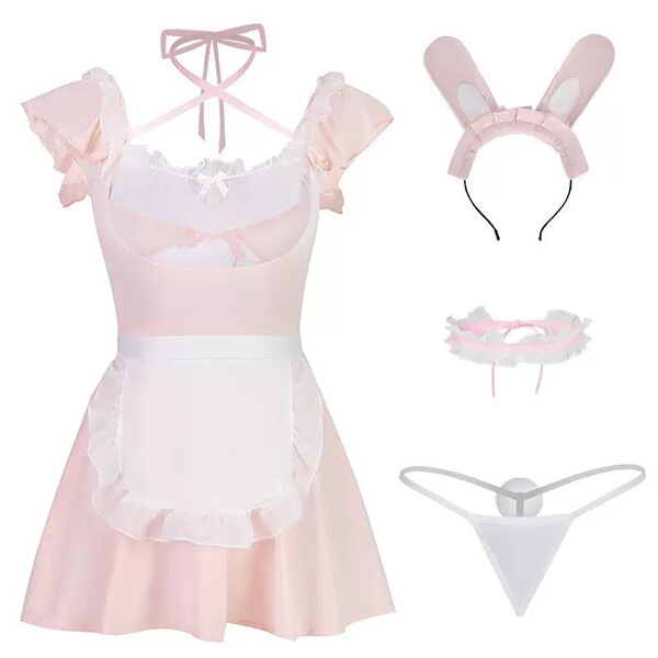 Plus Size Sexy Lace Bunny Girl Costume Set with Sheer Mesh & Ruffled Trim - Cosplay Maid Outfit - Pink Set