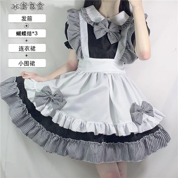 Black and White Cat Girl Cosplay Costume - Sexy Maid Outfit, Bunny Girl & Lolita Dress for Women - Black plaid dress + apron + free headpiece + 3 bows