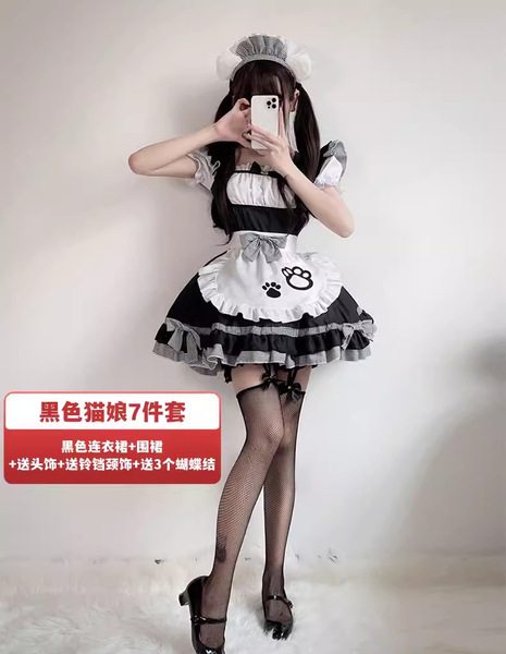 Japanese Cosplay Maid Dress Set - Cute Sexy Lolita Short Sleeve Long Sleeve Uniform Dress for Women Plus Size - Catgirl black dress + apron + headdress + bell necklace + 3 bows