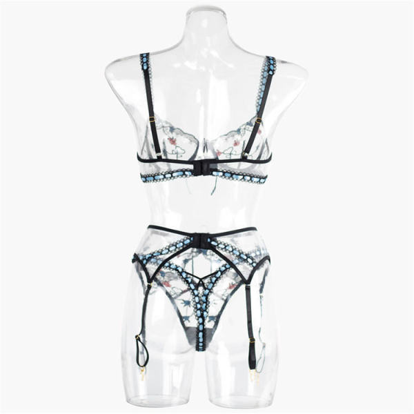 Sexy embroidered garter belt set with steel rings, featuring a 3-piece lingerie outfit in -style split design.