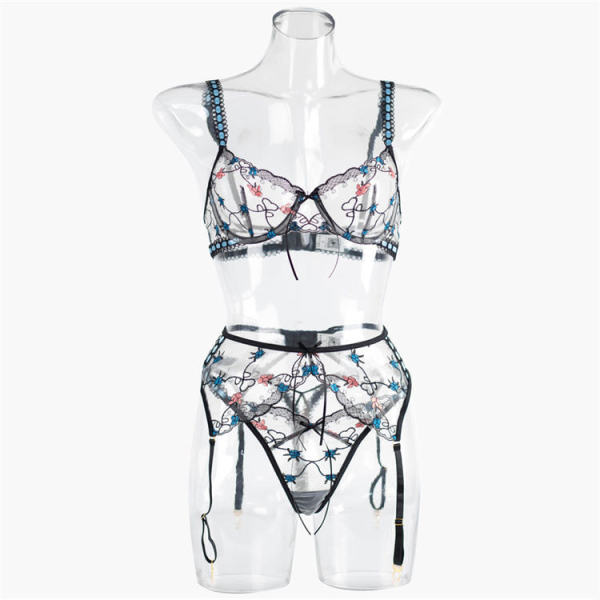Sheer embroidered garter belt set with steel rings, featuring a sexy 3-piece lingerie outfit in -style split design.