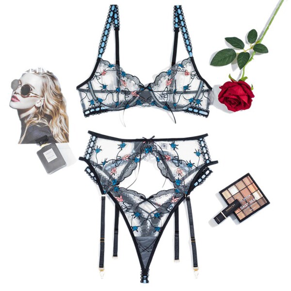Sexy embroidered garter belt set with steel ring, featuring a 3-piece lingerie outfit in -style split design.