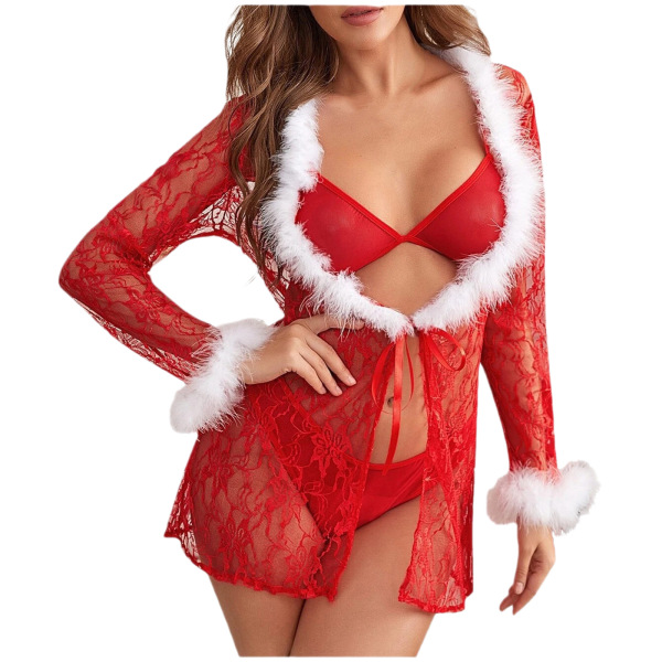 Sexy red lace christmas robe set with white fur trim, featuring a sheer 3-piece lingerie outfit for festive allure.