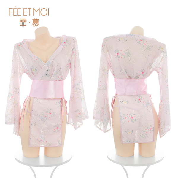 Feimu japanese-style lingerie set: sheer floral 3-piece with side-open thong, pink sash, revealing cheeky design.