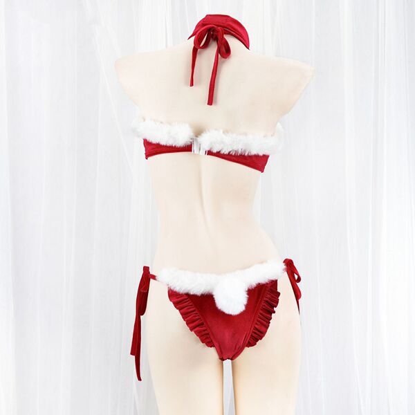 Festive christmas plush trim bikini set - tie-front halter sexy 3-piece lingerie gift for new year
