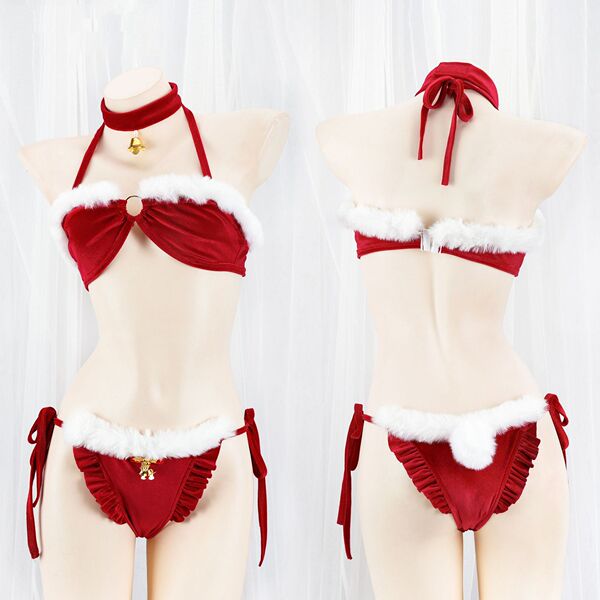 Festive christmas plush trim bikini set - tie-front halter sexy 3-piece lingerie gift for new year