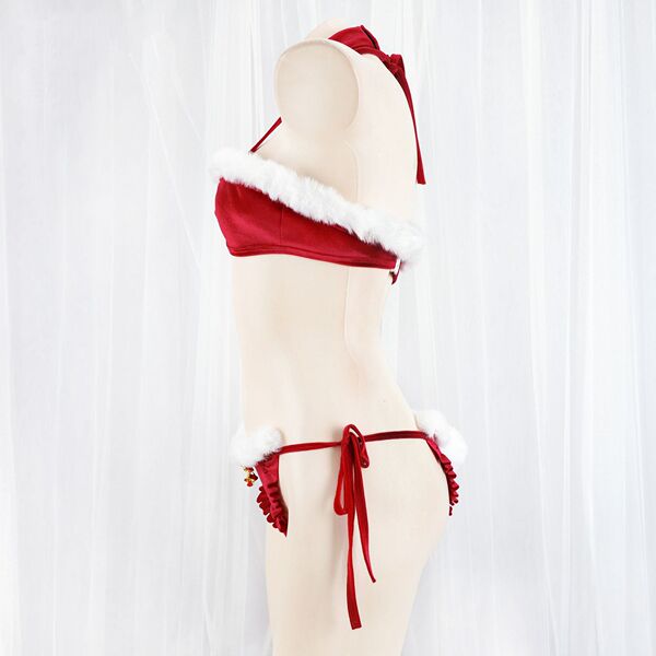 Festive christmas plush trim bikini set - tie-front halter sexy 3-piece lingerie gift for new year