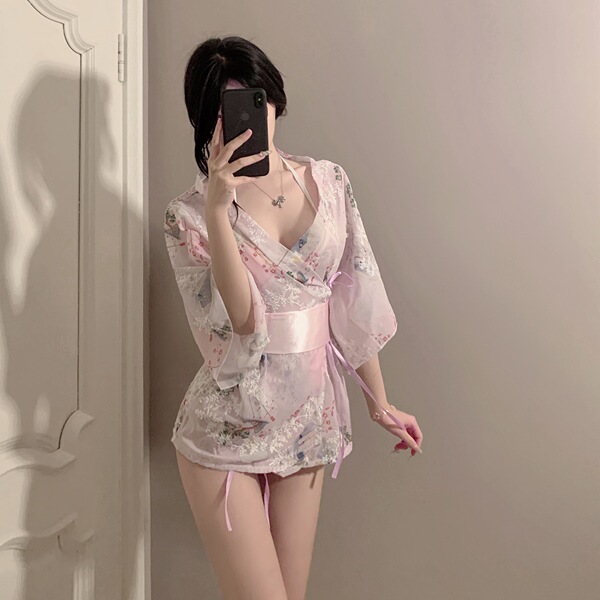 Japanese kimono-style embroidered lace sleepwear set - sheer sexy 3-piece lingerie outfit featuring delicate floral patterns ...
