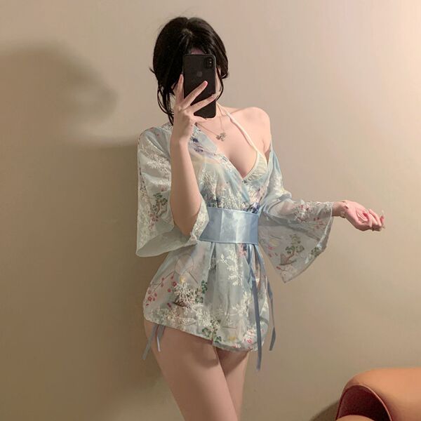 Japanese kimono-style embroidered lace sleepwear set - sheer sexy 3-piece lingerie outfit featuring delicate floral patterns ...