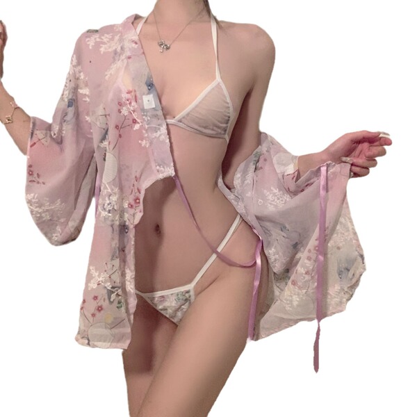 Japanese kimono-style embroidered lace sleepwear set - sheer sexy 3-piece lingerie outfit featuring delicate floral patterns ...