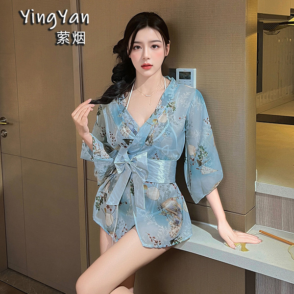 Japanese-style lace kimono set - sexy bow-tie sheer robe & matching 3-piece outfit for women, featuring elegant design and sh...